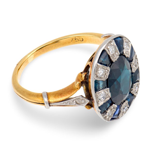 1910s Edwardian Sapphire Diamond 18k Yellow Gold Platinum Ring, , Size 3.25 For Sale - Image 4 of 6