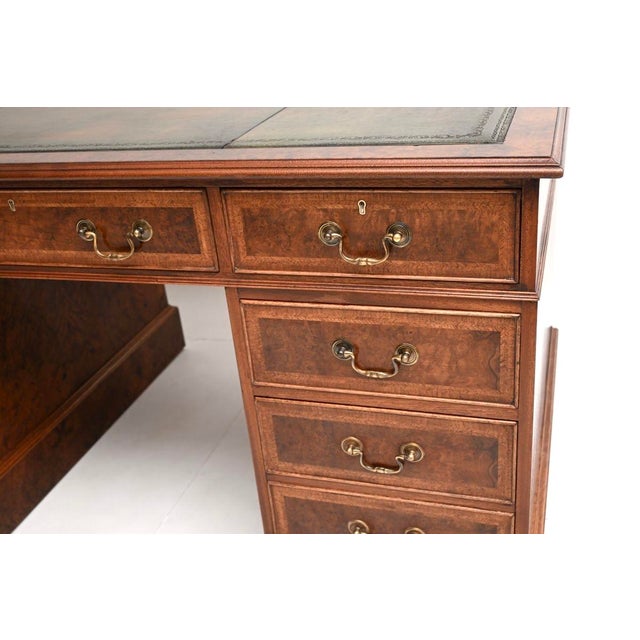 Vintage Pedestal Desk in Burr Walnut with Leather Top, 1950 For Sale - Image 10 of 11