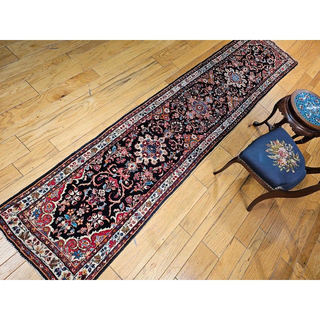 Textile Vintage Bakhtiari Tribal Runner, Hand-Knotted Wool, Floral Bouquets & Medallions, Navy & Ivory, 3x12 For Sale - Image 7 of 16