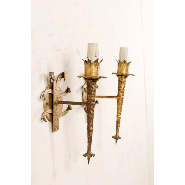 French Torch-Style Hammered Iron Sconces - A Pair For Sale - Image 10 of 10