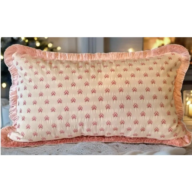 Shabby Chic Embroidered Cowtan and Tout Bow Lumbar Pillow With Brush Trim Love Shack Fancy Inspired Down and Feather Insert For Sale - Image 3 of 5