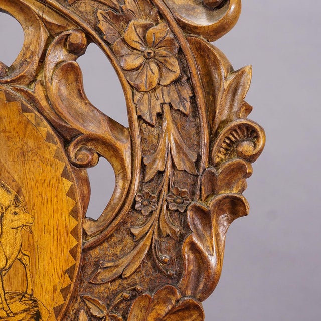 Rare Nutwood Edelweis Marquetry Chair Swiss Brienz 1900 For Sale - Image 9 of 12