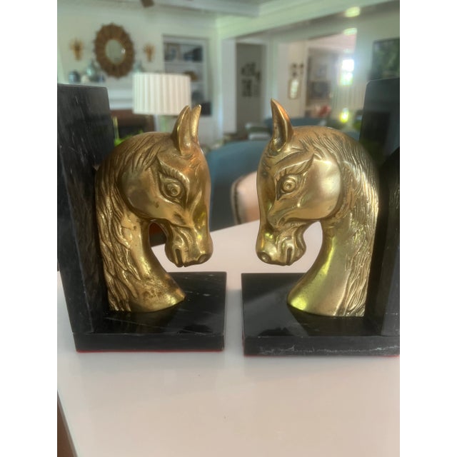 Mid-Century Modern Mid-Century Brass and Marble Horse Bookends, a Pair For Sale - Image 3 of 10