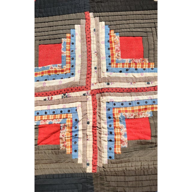 19Thc Wool Log Cabin Quilt From Pennsylvania For Sale - Image 4 of 9