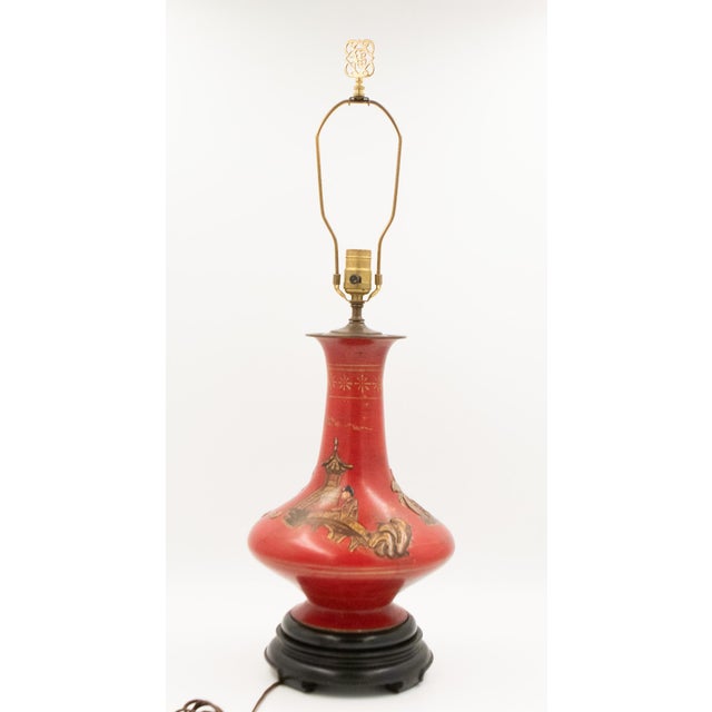 Wood 1960s Cinnabar Red Chinoiserie Table Lamps With Brass Fretwork Finials - a Pair For Sale - Image 7 of 16