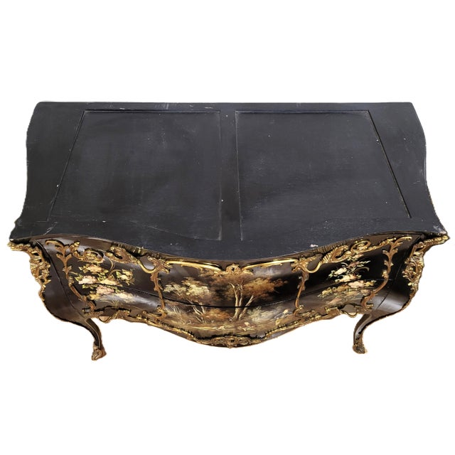 Vintage Louis XV Style Black Lacquered & Painted Marble Top Bronze Mounted Commode For Sale - Image 16 of 18