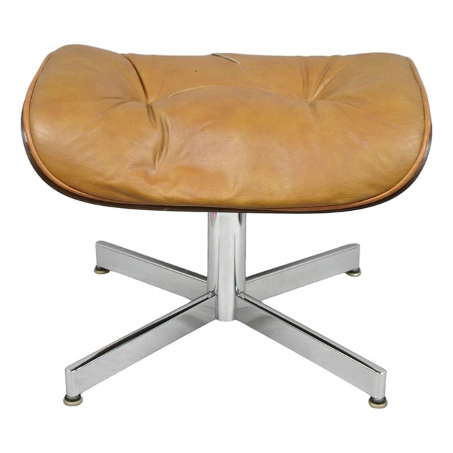 Vintage Selig Mid Century Modern Eames Style Chrome Walnut Footstool Ottoman For Sale