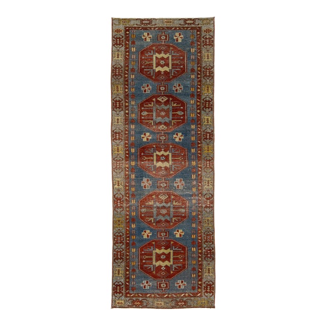 Antique Malayer Runner Rug With Geometric Medallions in Muted Blue & Rust For Sale