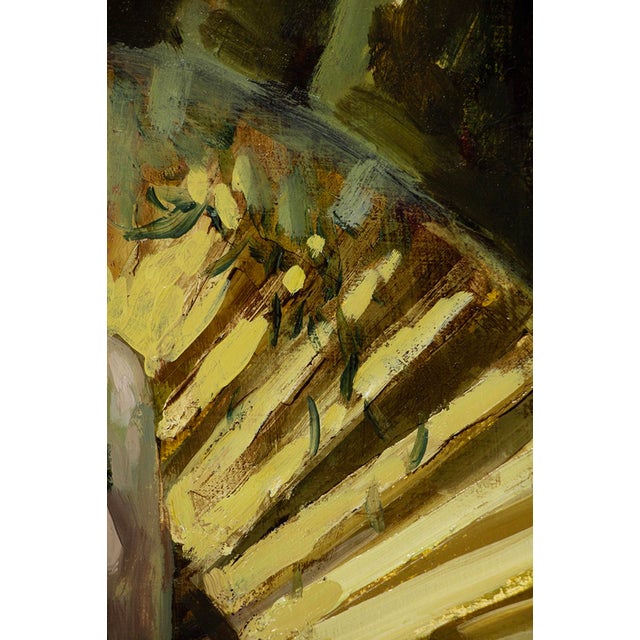 Siren in Green Gold by Nadezda | Oil on panel of a woman seated with a fan backdrop For Sale - Image 4 of 5