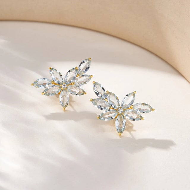Nina Zhou Aquamarine Diamond Cluster Earrings in 14k Gold - a Pair For Sale - Image 9 of 14