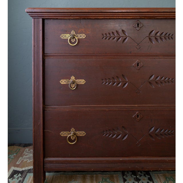 Victorian Antique Chest of Drawers With Eastlake Carvings and Brass Hardware For Sale - Image 3 of 17