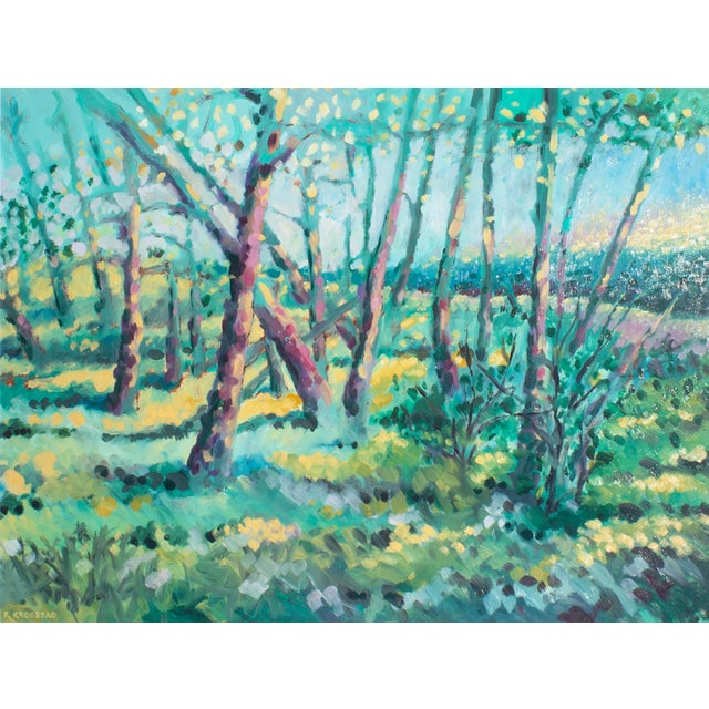 An oil on board landscape painting by the American artist Richard Krogstad. This painting depicts a forest with slender...