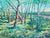 An oil on board landscape painting by the American artist Richard Krogstad. This painting depicts a forest with slender...