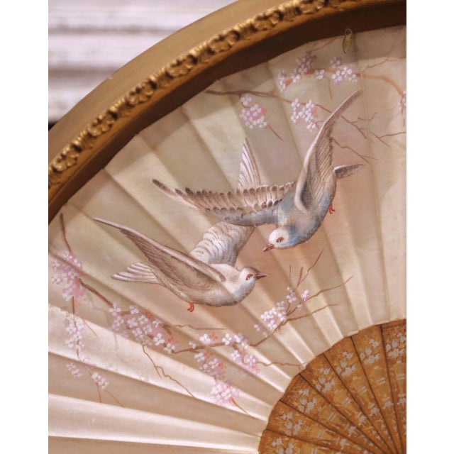 French 19th Century French Hand-Painted Silk Fan With Carved Wood Sticks in Frame For Sale - Image 3 of 7