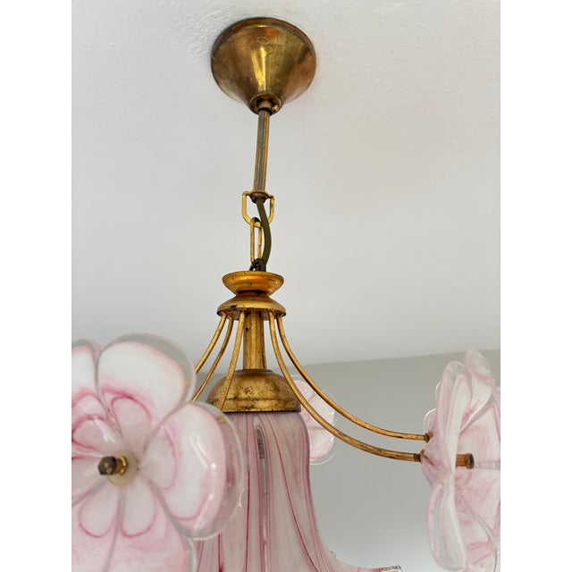 Vintage Murano Glass Ruffled Floral Pendant Light – Pink Swirl & Daisy Shades For Sale - Image 15 of 18