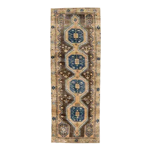 Vintage Distressed Geometric Brown Handmade Wool Runner