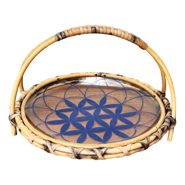 Mid-Century Modern Rattan and Glass Bowl, 1960s For Sale