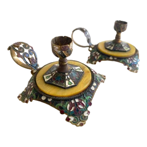 Antique 19th Century French Champleve Enamel Gilt Bronze Ormolu Chamber Candlestick Holders - a Pair