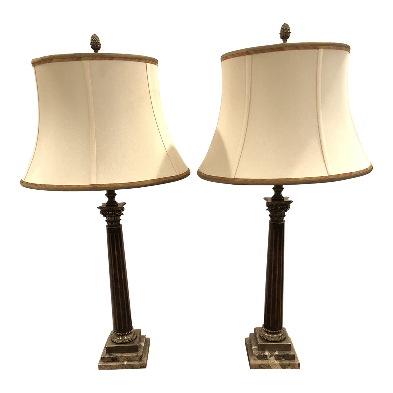 Theodore Alexander Burlwood Inlaid Column Table Lamps -A Pair | Chairish
