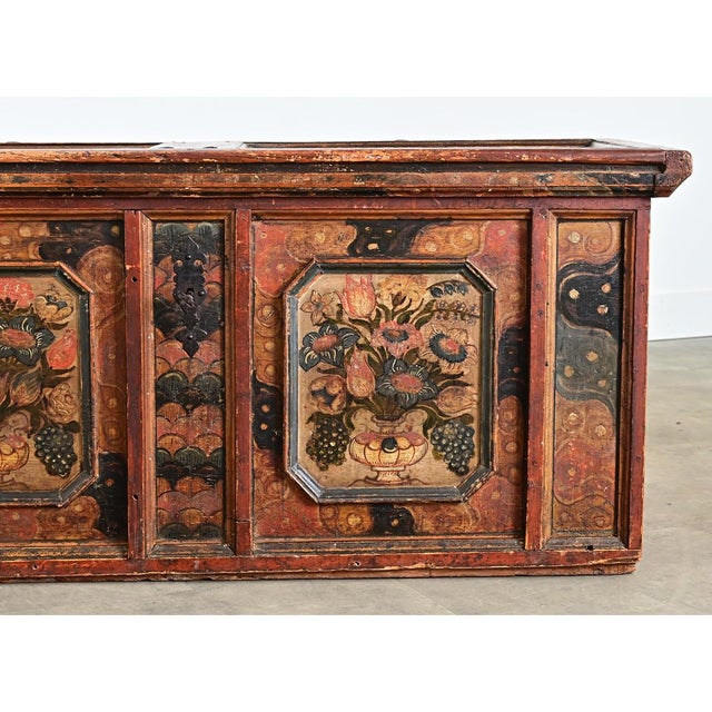 An 18th century painted chest from Sweden, likely a marriage trunk, displaying a particular Scandinavian folk art style of...