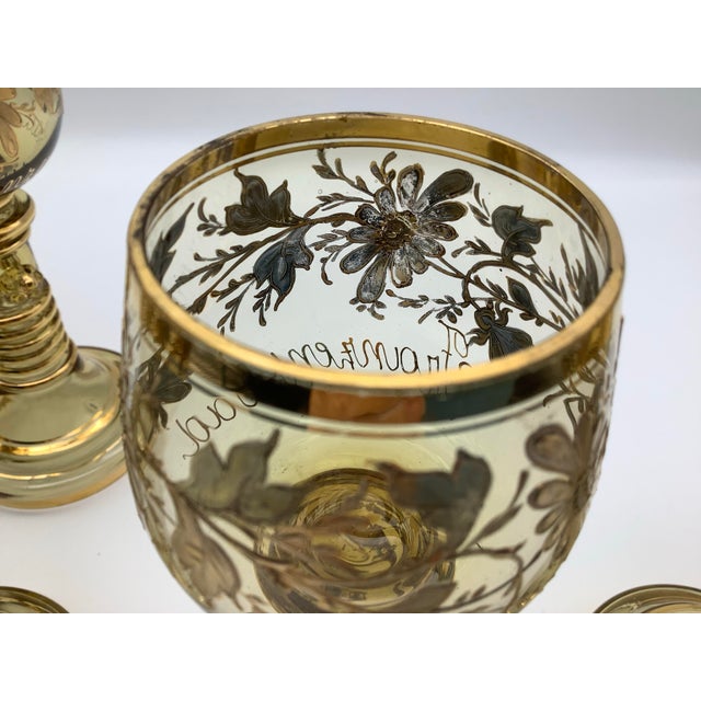 Antique Moser Bohemian Clear Gilded Blown Glass Wine Goblet, With Gold Floral Flowers and Leafs on Stem With Open End, Set of 5 For Sale - Image 4 of 12