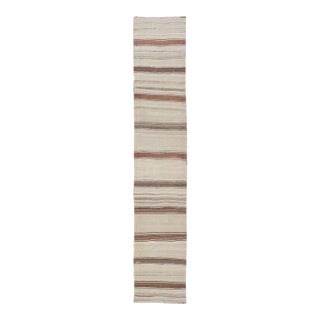 Vintage Narrow Turkish Kilim Runner With Beige and Soft Brown Stripes For Sale