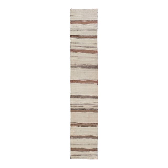 Vintage Narrow Turkish Kilim Runner With Beige and Soft Brown Stripes For Sale