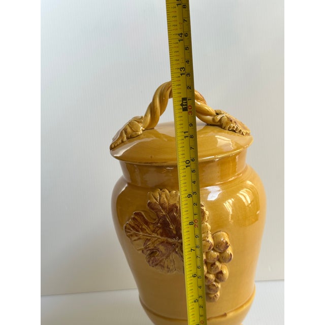 1980s Arte Italica "Sole Mustard" Ceramic 13" Tall Yellow Jar With Lid Grapes Leaves Design Made in Italy For Sale - Image 10 of 18