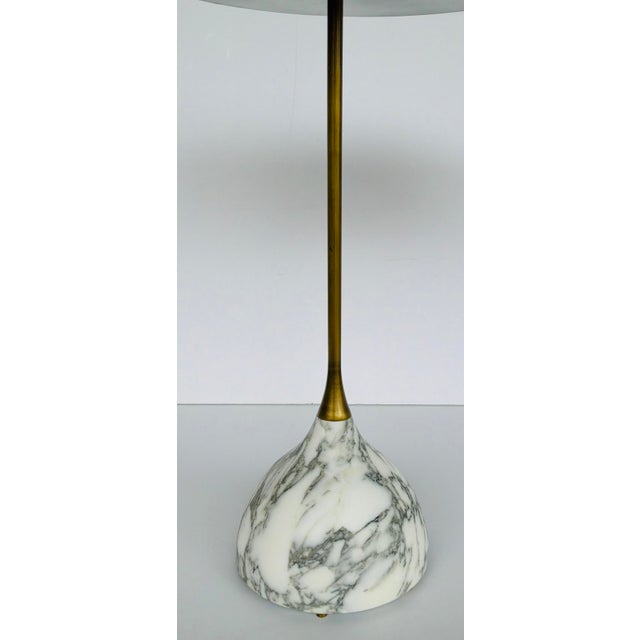 Original retail $1269, stylish Revelation Modern Arabescato Marble Kiss Accent Table, antique brass finished frame,...