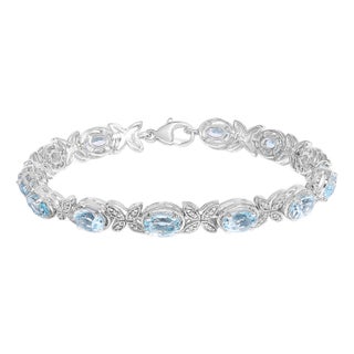 .925 Sterling Silver Oval Blue Topaz Diamond Butterfly Link Bracelet (I-J Color, I1-I2 Clarity) - Size 7" Inches For Sale