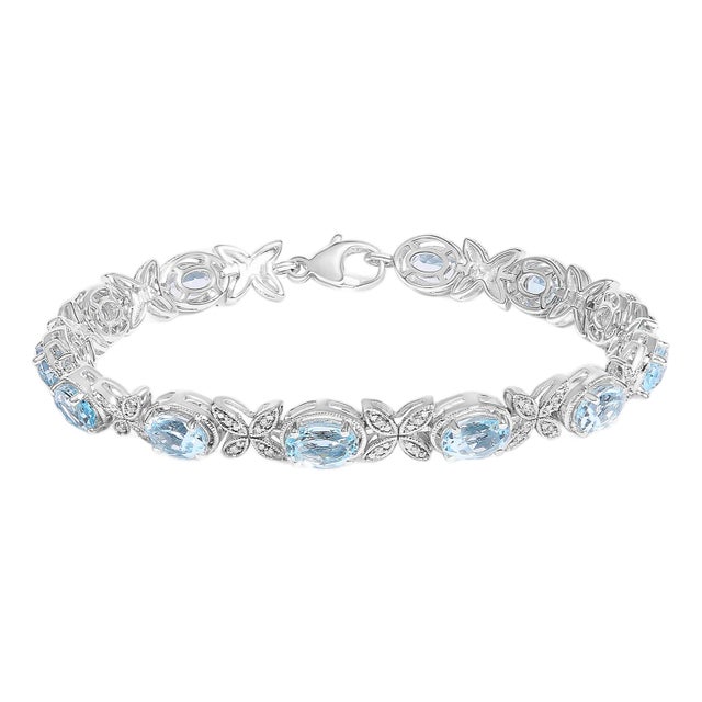 .925 Sterling Silver Oval Blue Topaz Diamond Butterfly Link Bracelet (I-J Color, I1-I2 Clarity) - Size 7" Inches For Sale