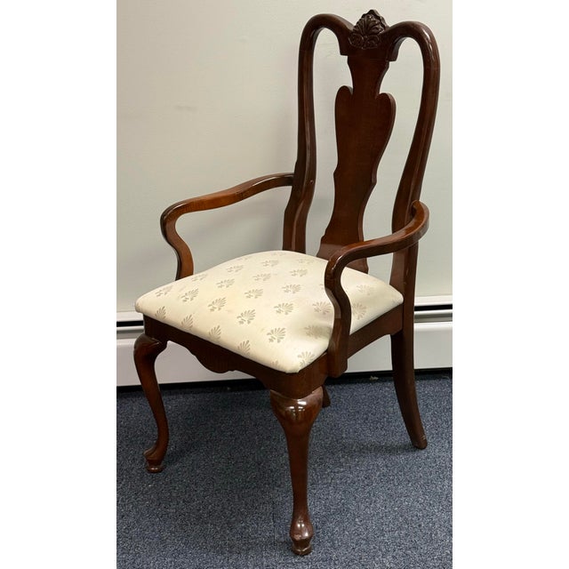 Beautiful set of six traditional Queen Anne–style dining chairs, featuring solid cherry frames, graceful cabriole legs,...