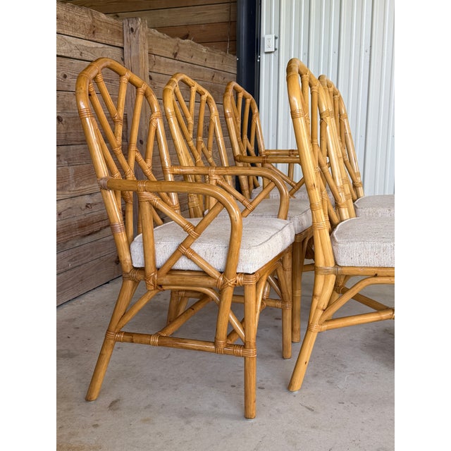 Set of Six Vintage Boho Rattan Dining Chairs With Chippendale Style Lattice Backs For Sale - Image 11 of 12