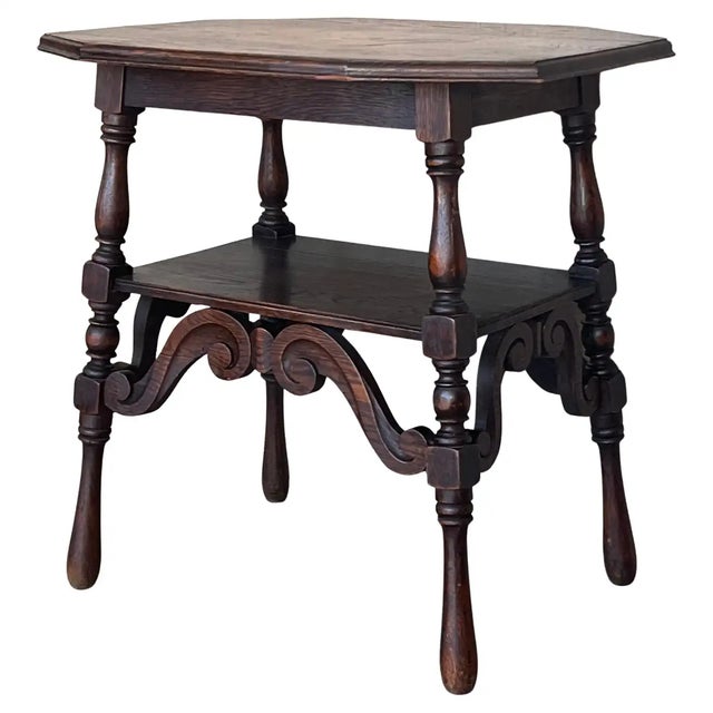 Spanish Two-Tier Walnut Console Side Table With Carved Legs and Stretcher For Sale - Image 13 of 13