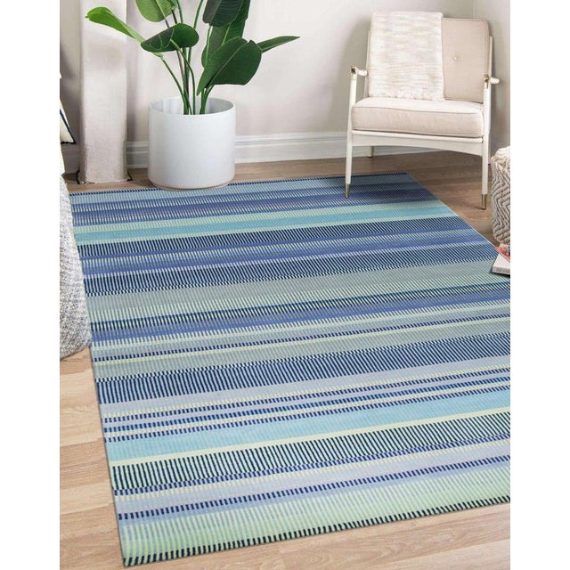 Light Gray 10x14 Blue Hand-Knotted Wool Striated Bands Geometric Modern Carpet Rug For Sale - Image 8 of 9