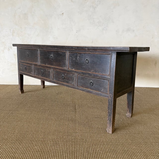 Rustic Antique Elm Wood Console With Painted Finish 7 Drawers 74" For Sale - Image 3 of 14
