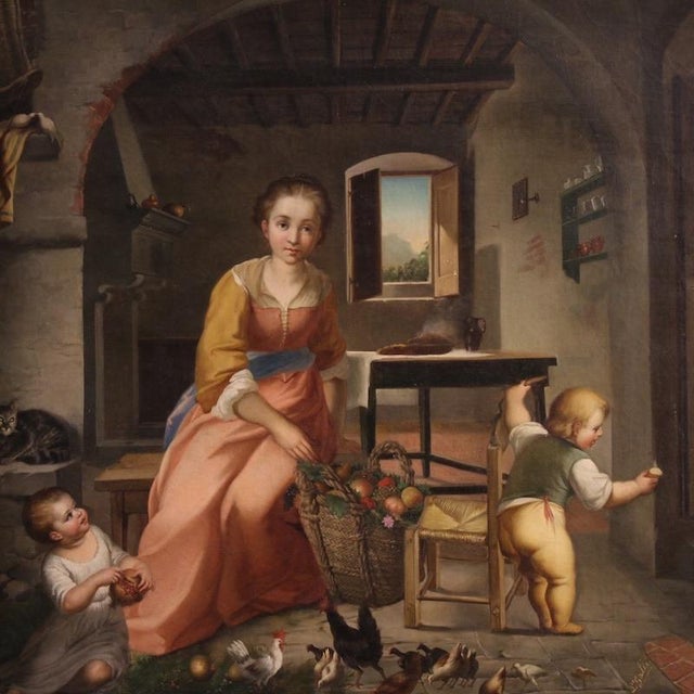 Italian painting from the second half of the 19th century. A large, striking oil on canvas artwork depicting an interior...