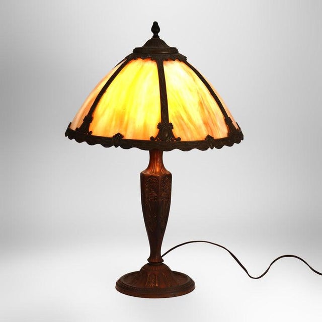 Arts & Crafts 6 Panel Slag Glass Lamp With Bronzed Metal Base In The Manner Of Bradley & Hubbard C1920 Measures - 24" x 16...