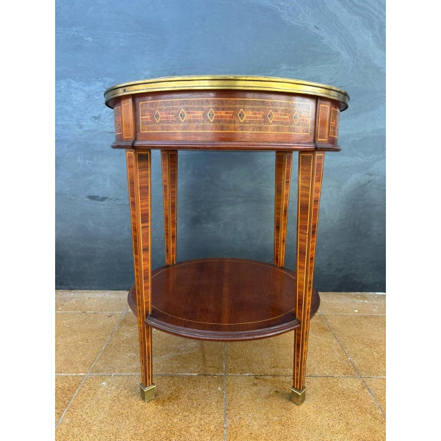 Brown French Louis XVI Style Round Side Table with Marquetry and Drawer, 1930s For Sale - Image 8 of 13