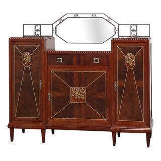 Art Deco Marquetry Cabinet with Wrought Iron Mirror Crest, Belgium, 1920s For Sale