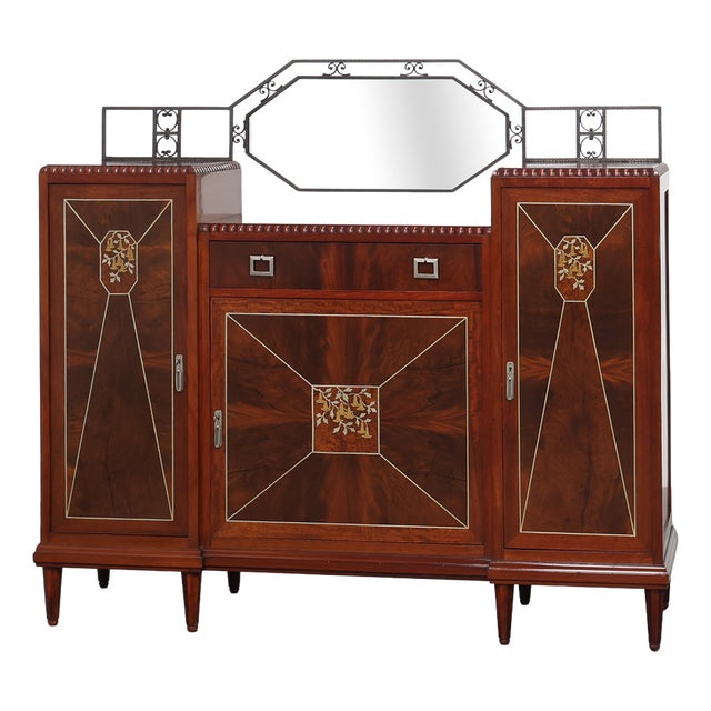 Art Deco Marquetry Cabinet with Wrought Iron Mirror Crest, Belgium, 1920s For Sale