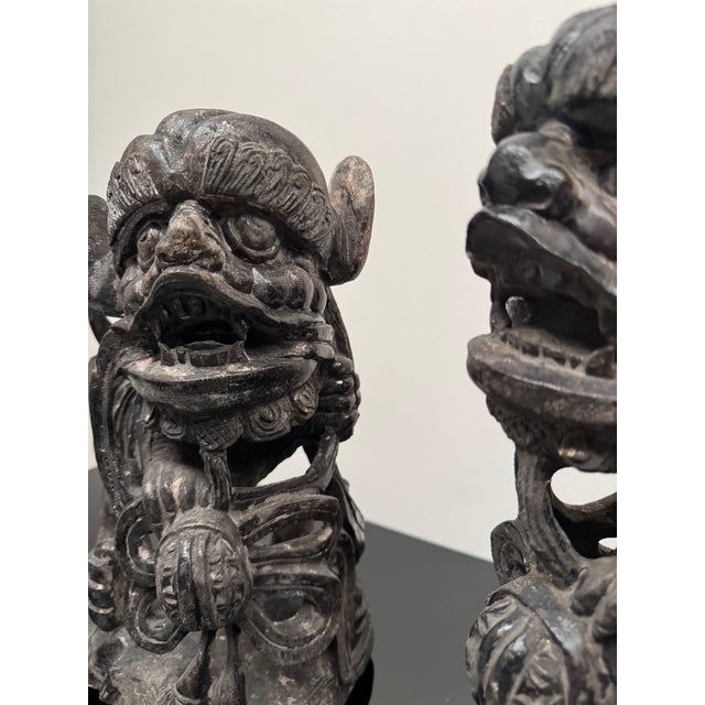 Mid 20th Century Pair of Intricately Carved Wooden Foo Dogs For Sale - Image 4 of 14
