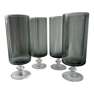 Mid-Century Modern Smoke Glass Hand Blown Pedestal Glasses- Set of 4 For Sale