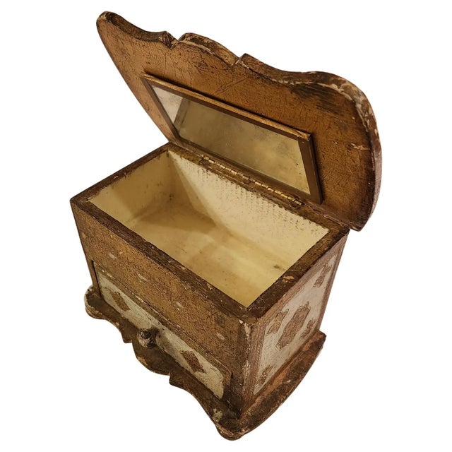1950s Venetian Giltwood Jewelry Box Italy Pull out drawer and interior mirror Original vintage unrestored fading to the...
