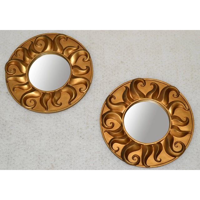 Atelier Fornasetti Set of 2 Vintage Round Bohemian Sunburst Wall Mirror Distressed Gold Finish For Sale - Image 4 of 12