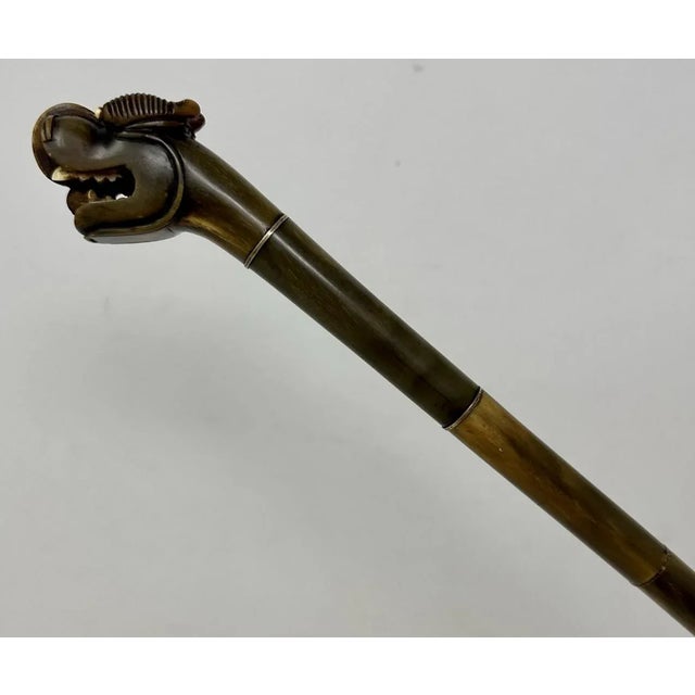 Asian Antique Asian Chinese Horn Dragons Head Victorian Vintage Walking Stick Cane For Sale - Image 3 of 12
