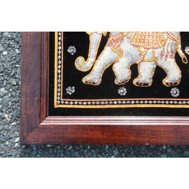 Asian Vintage Thai Pearl Bead Sequin Elephant on Black Velvet Wood Framed Art For Sale - Image 3 of 6