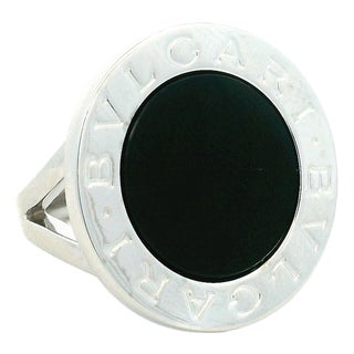 Bulgari Bulgari 18k White Gold and Black Onyx Statement Ring, Size 7.5 For Sale