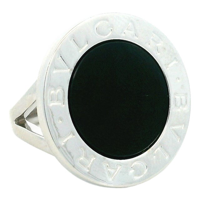 Bulgari Bulgari 18k White Gold and Black Onyx Statement Ring, Size 7.5 For Sale