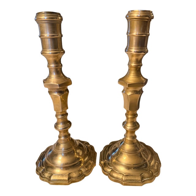 Vintage Solid Brass Taper Candlesticks 9.25” Tall - 4” Scalloped Bases - Pair For Sale